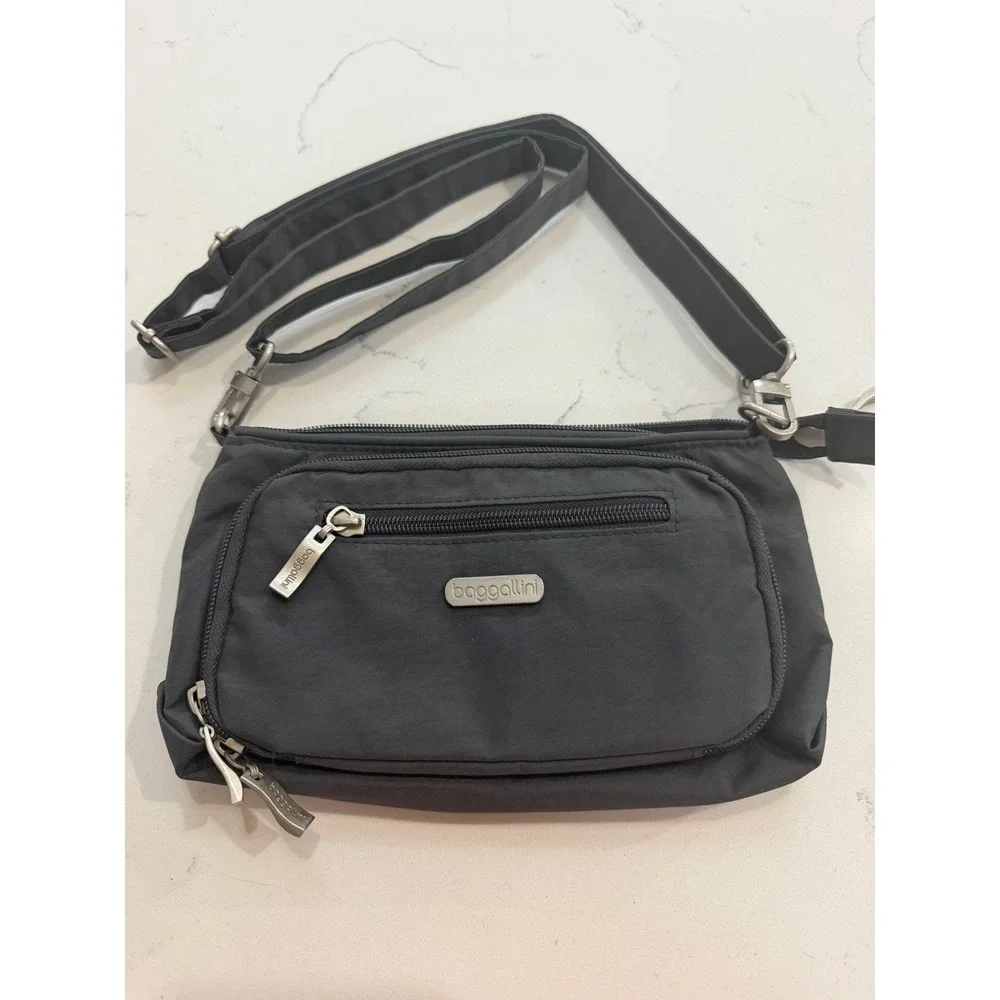 Baggallini Crossbody Charcoal Gray Nylon Multi-Pocket Purse Pink Lining 9